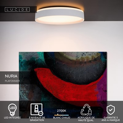 Lucide NURIA - Plafonnier - Ø 30 cm - LED 3 StepDim - 1x18W 2700K - Blanc